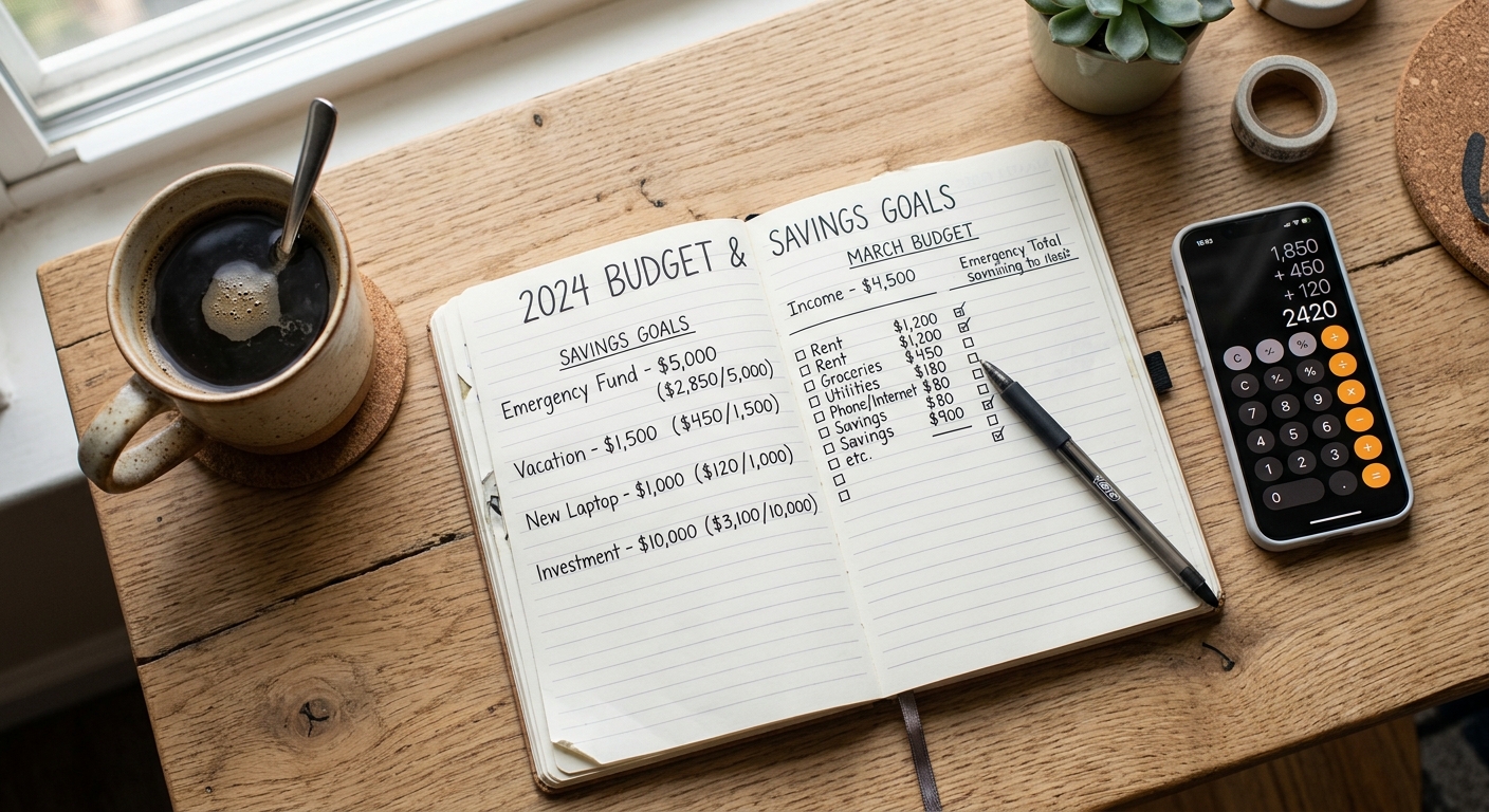 Overhead view of a budgeting notebook with savings goals written out next to a coffee mug
