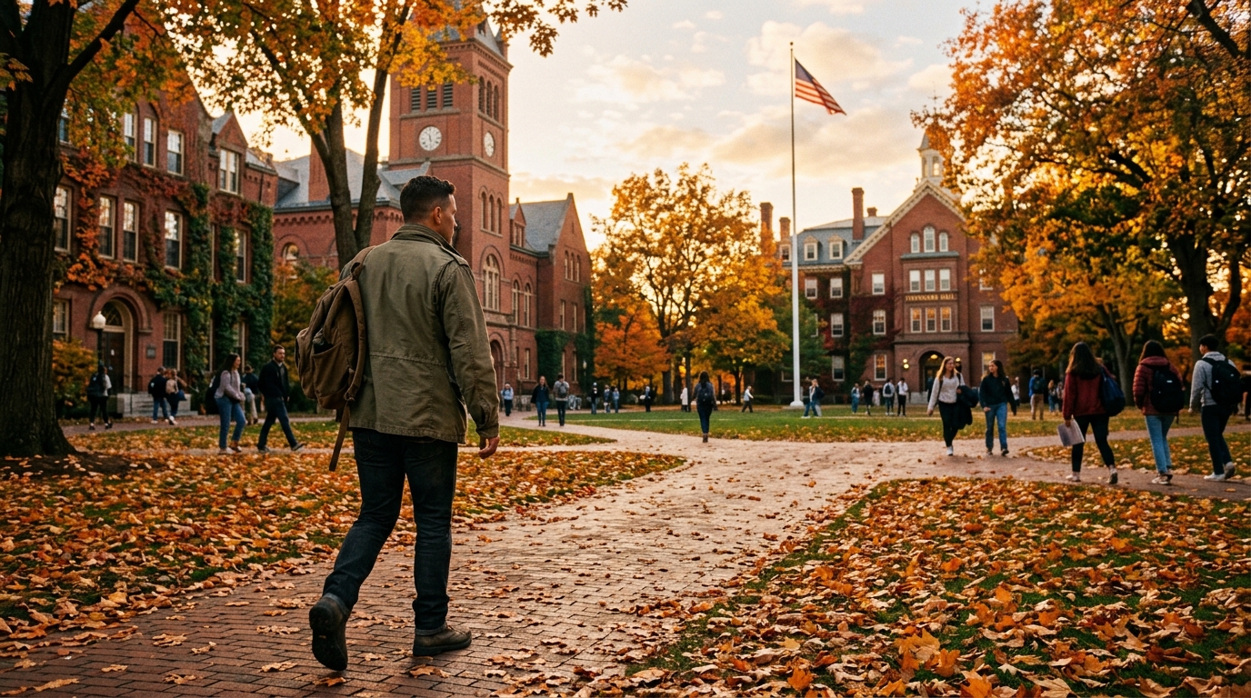 Veteran walking across a university campus quad with a backpack on a fall afternoon