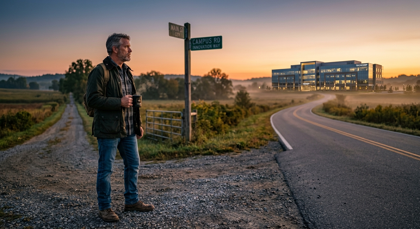 Veteran at a crossroads looking toward a tech career, morning light