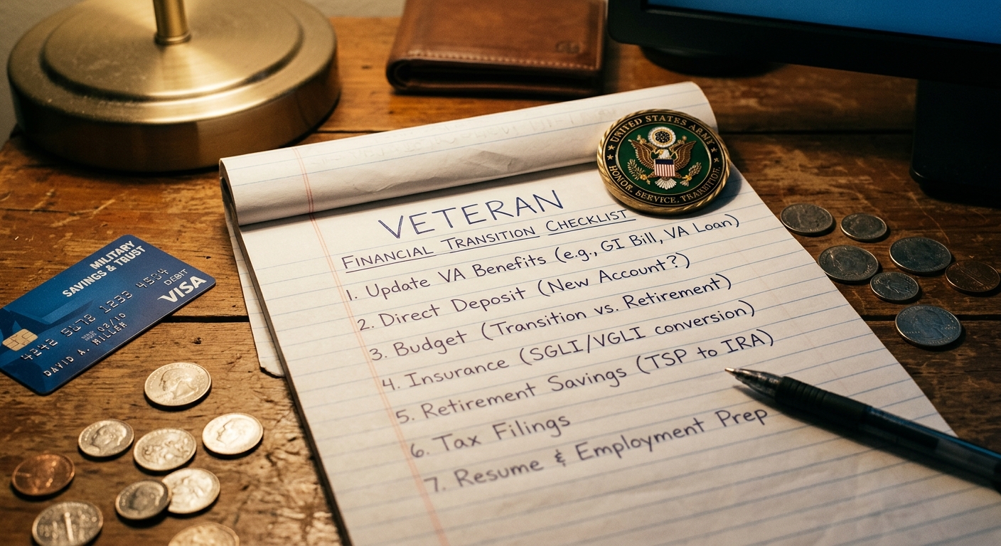 Financial transition checklist with military challenge coin and bank card
