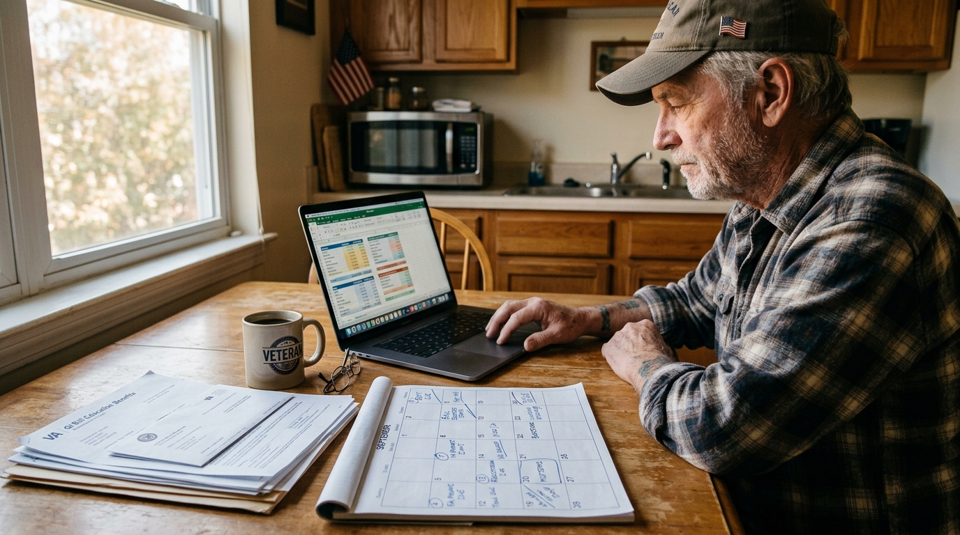 Veteran reviewing GI Bill paperwork, a calendar with semester dates, and a budget spreadsheet on a kitchen table