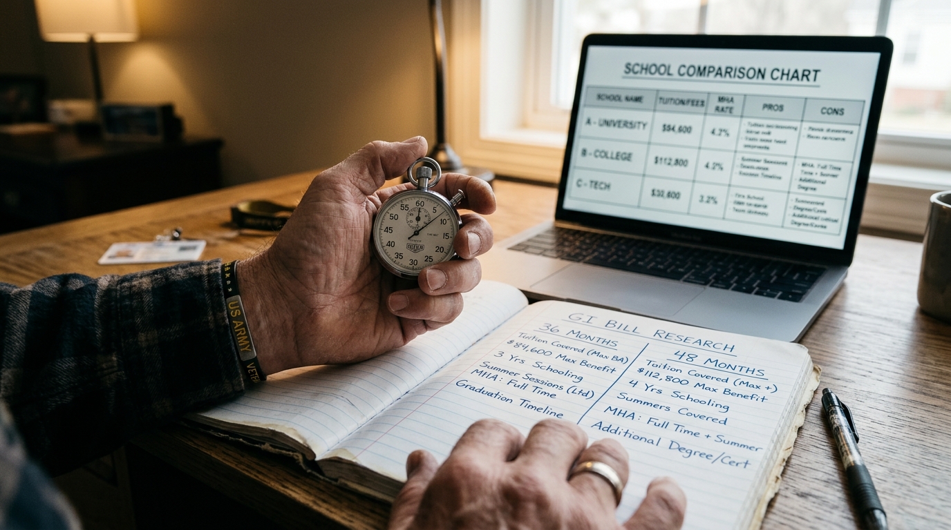 Hands holding a stopwatch over a notebook with columns labeled 36 months and 48 months next to a school comparison chart on a laptop