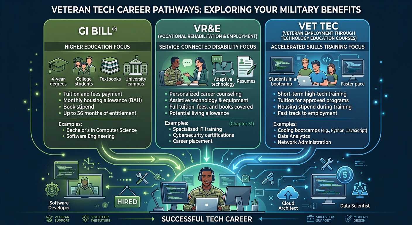 Three benefit pathways — VR&E, GI Bill, and VET TEC — converging toward a tech career