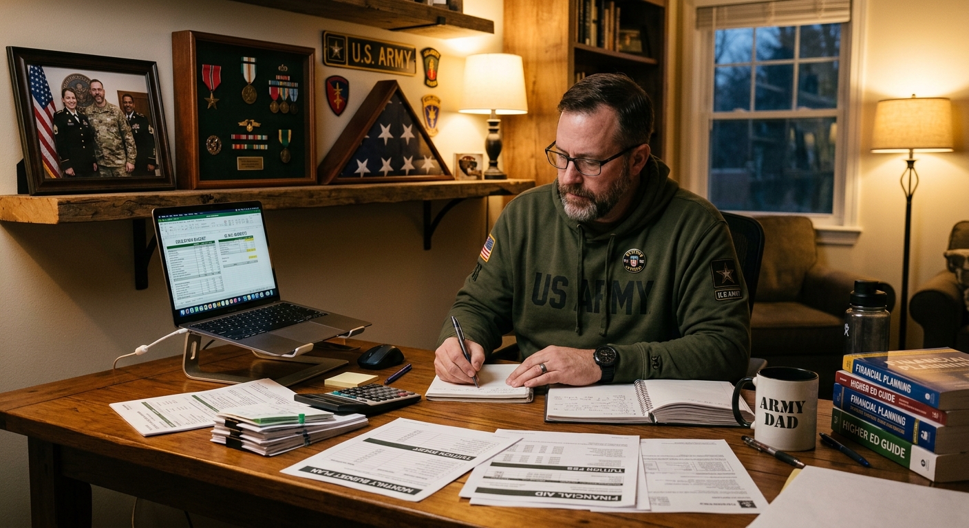 Veteran at a desk with laptop and financial documents, planning education and budget