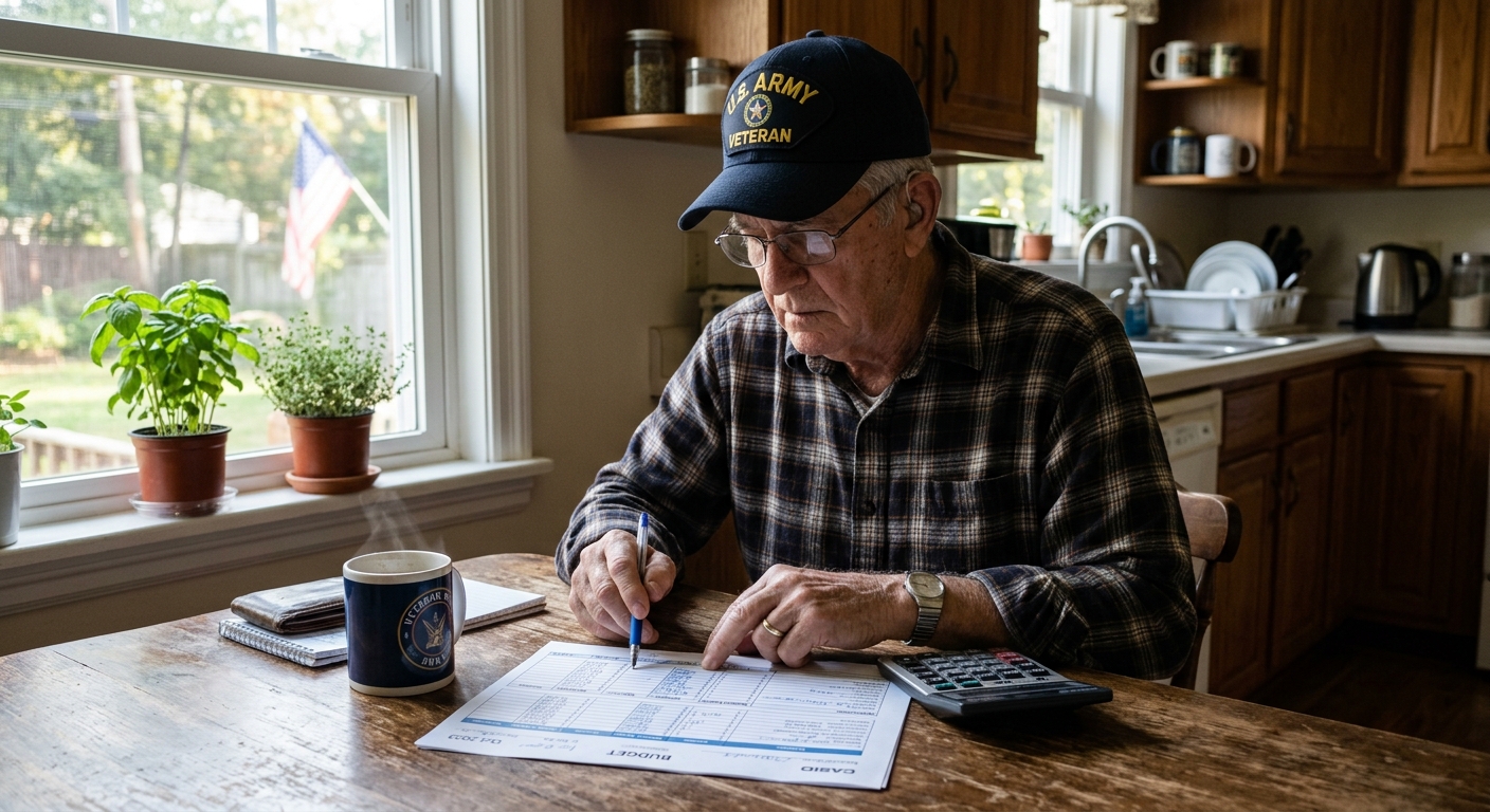 Veteran at kitchen table with calculator and budget spreadsheet, morning light