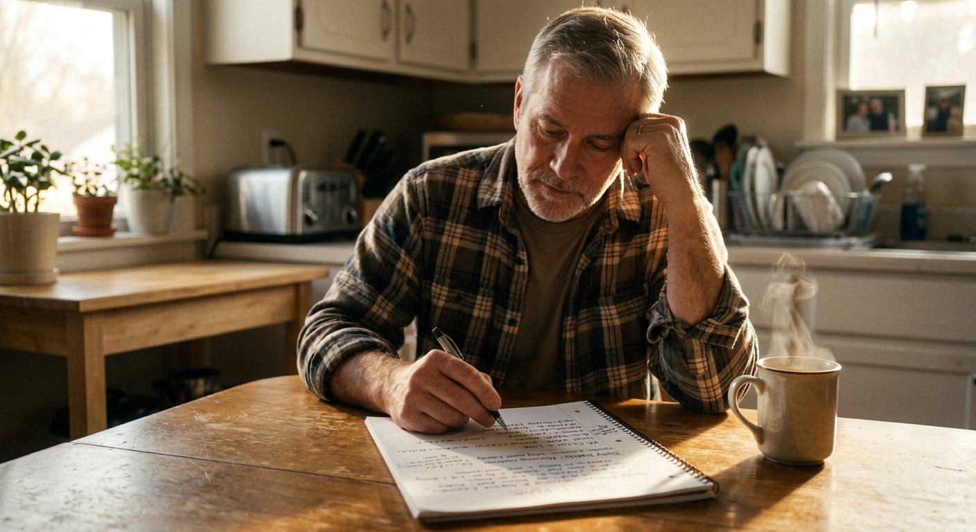 Veteran reviewing a personal mental health maintenance plan with written goals and resources