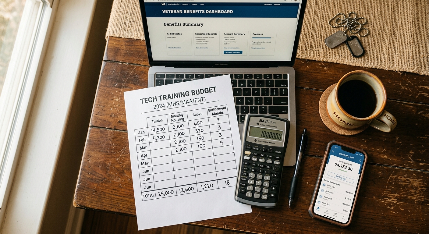 Top-down view of a kitchen table with a printed tech training budget worksheet, calculator, smartphone with banking app, coffee mug, dog tag chain, and a laptop showing a benefits dashboard