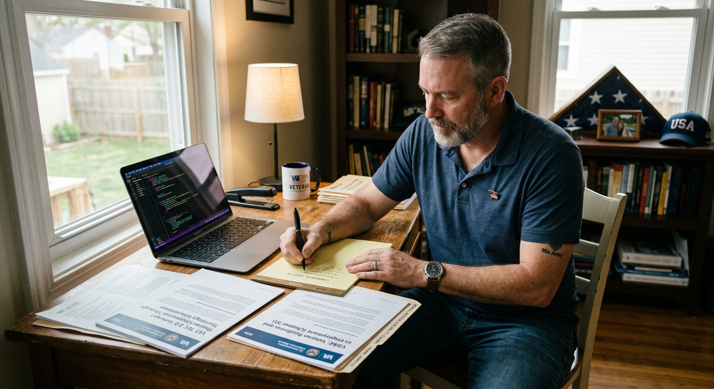 Veteran at a home desk comparing VET TEC 2.0 paperwork next to a coding laptop and VR&E paperwork on top of medical and disability records